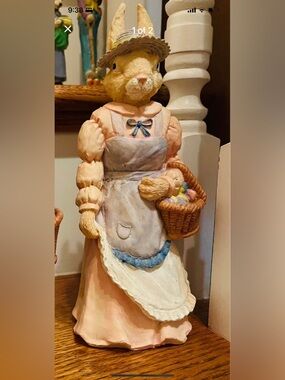 Vintage Easter Bunny Figurine 10” Girl Rabbit w Basket Resin Decor